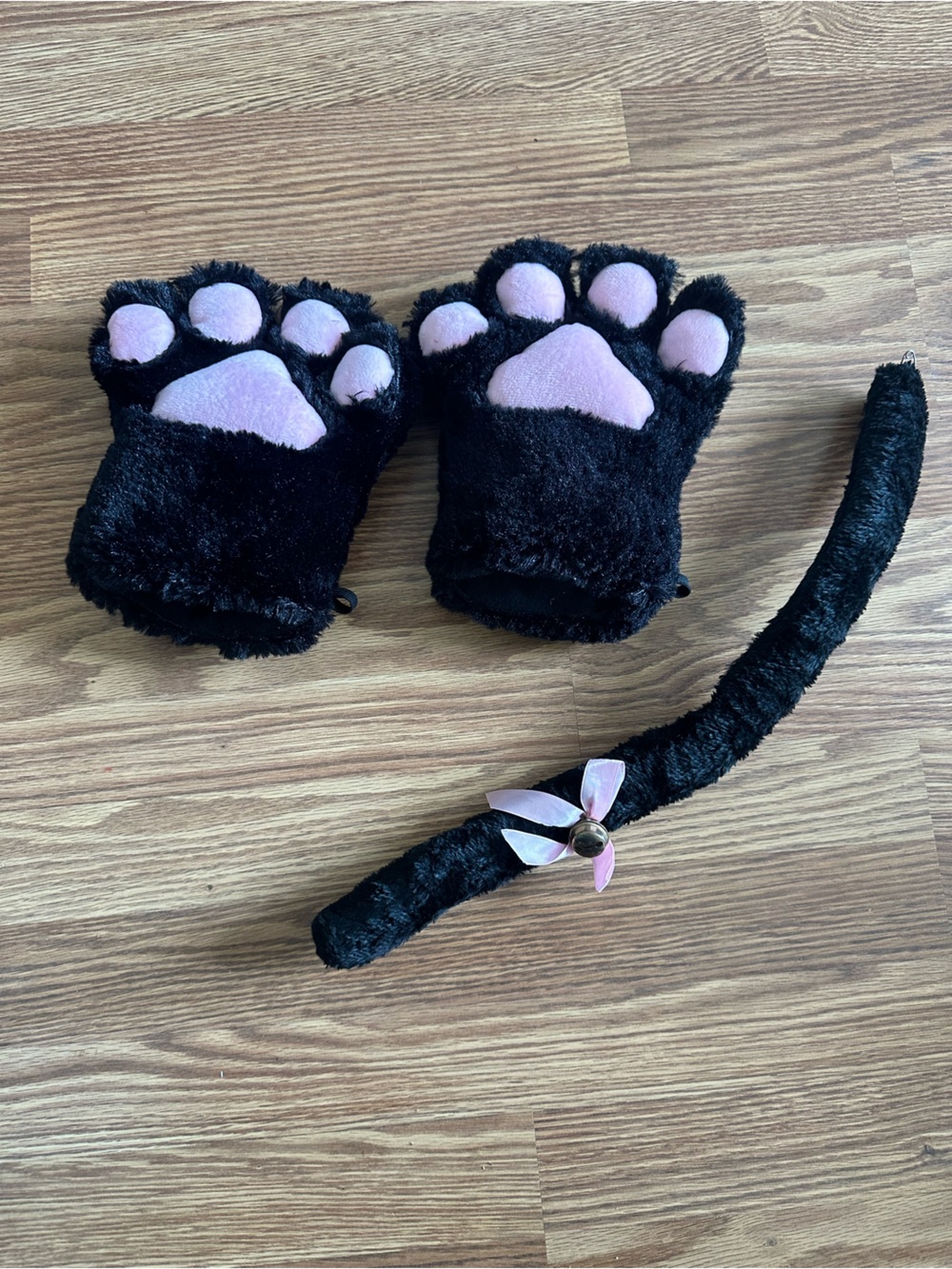 Adult Black & Pink Fuzzy Cat Paw Mittens and Tail Set for Adults